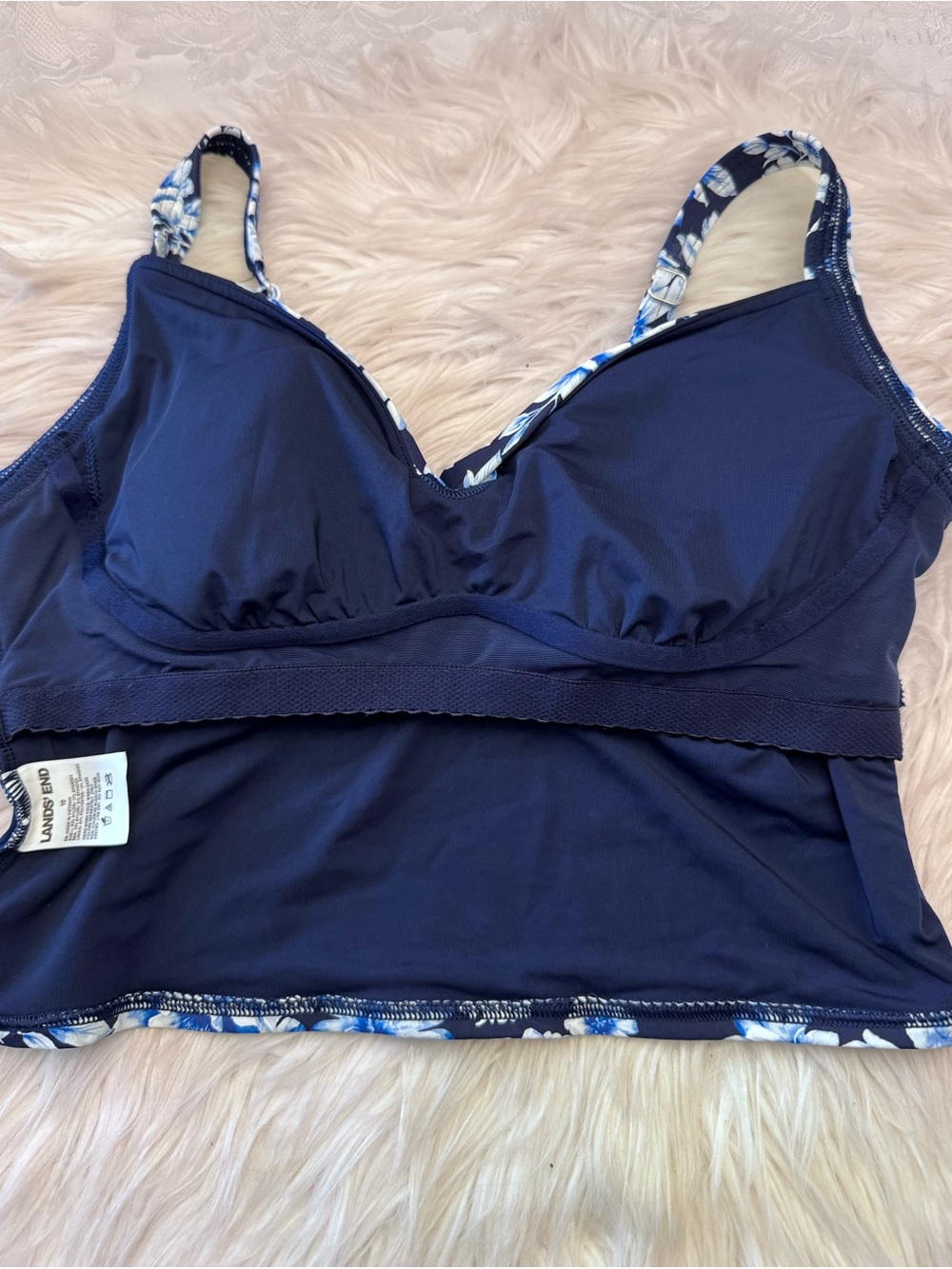 Lands’ End Sweetheart Wrap Midkini Swimsuit Top Size 10 Blue White Floral Crop - Picture 8 of 9
